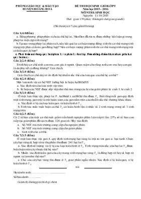 Đề thi học sinh giỏi lớp 9 năm học 2015 - 2016 môn thi sinh học